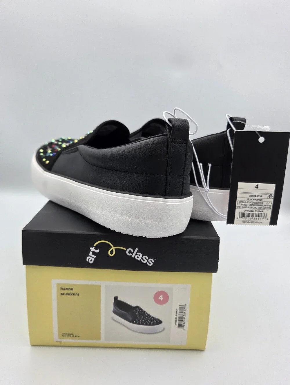 Art Class Girls Black Slip-On Sneakers with Multicolor Studs 4 NIB